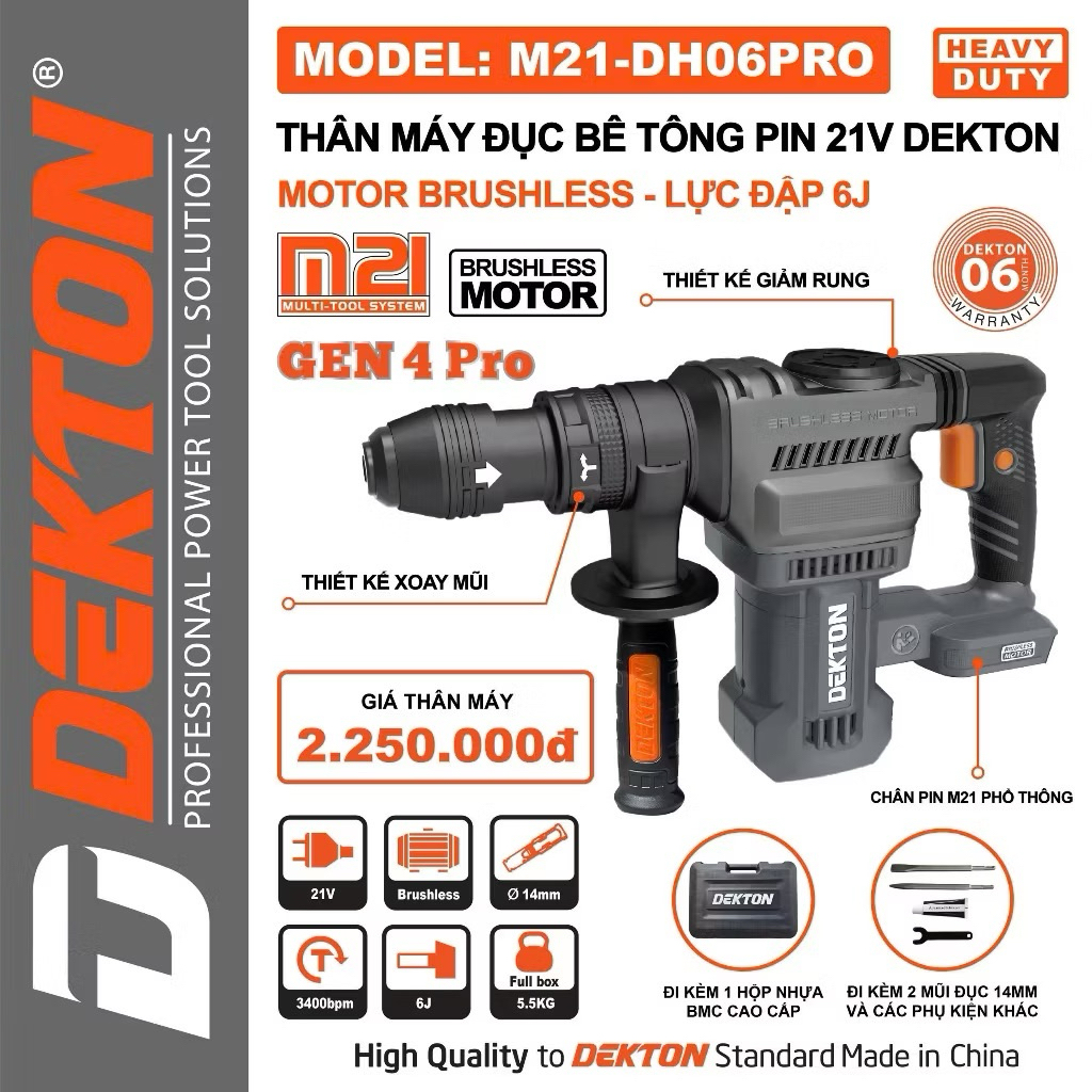 Máy Khoan Đục Bê Tông Pin 21V DEKTON M21-DH06PRO Gen 4 Lực Đập 6J