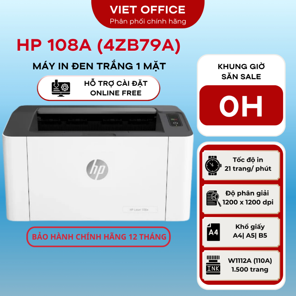 Máy in laser đen trắng HP 108A 4ZB79A (In/A4/A5/USB).Tốc độ 21 trang/phút - bảo hành 12 tháng