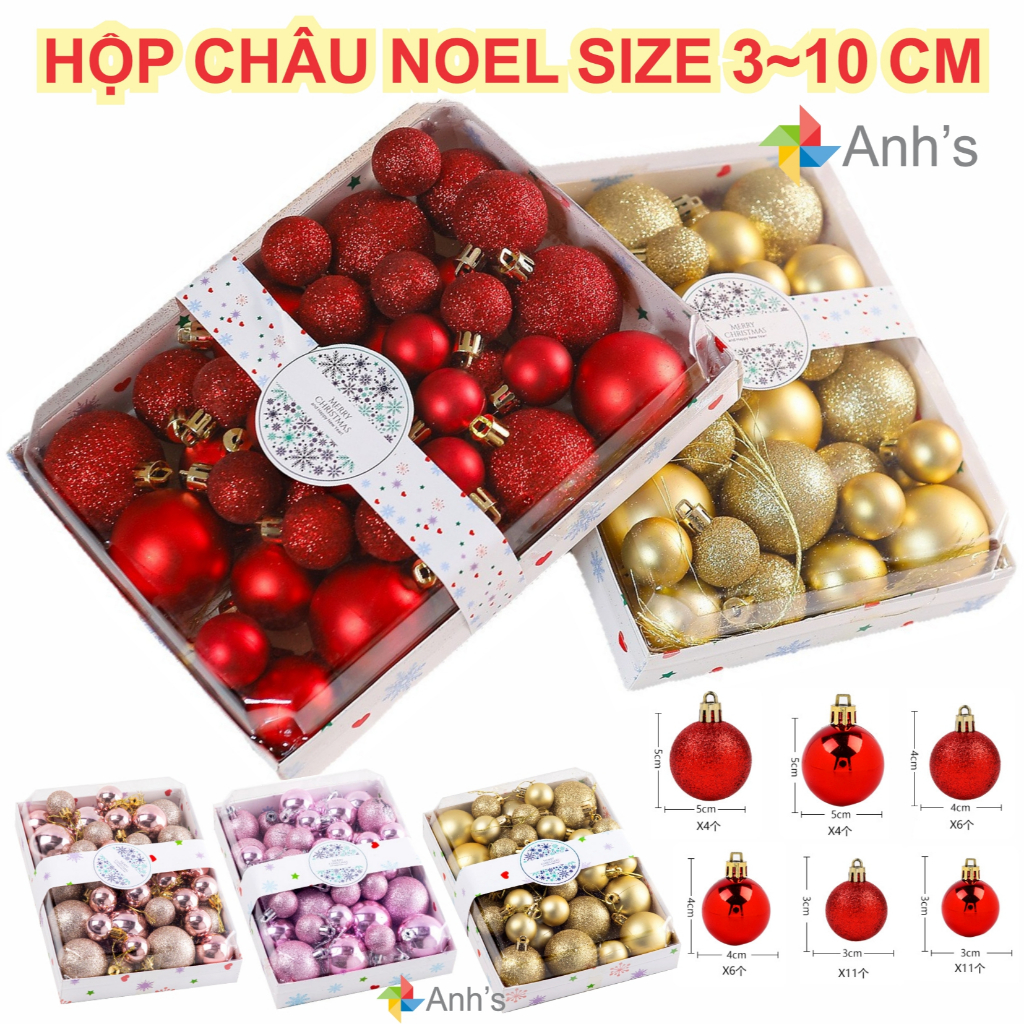 Set quả châu trang trí cây thông Noel decor giáng sinh size 3/4/5/6/8/10 cm