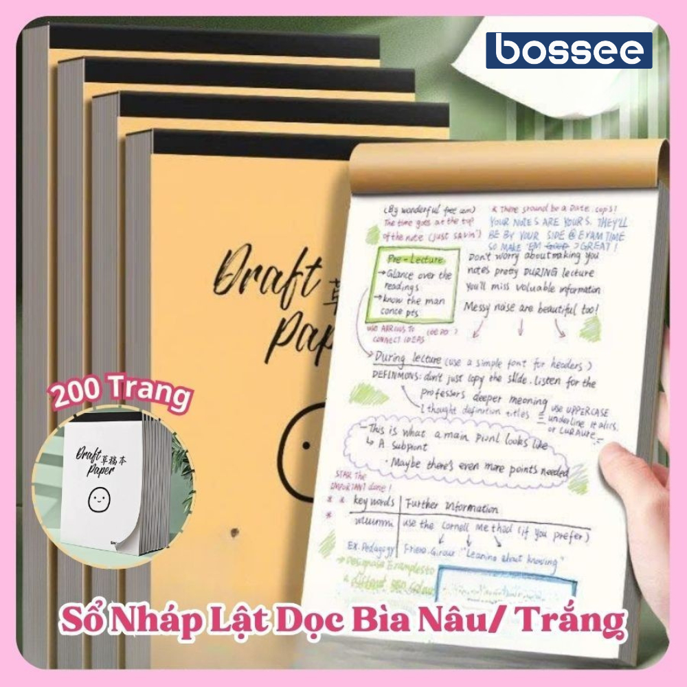Sổ Ghi Chú 200 Trang Bìa Kraft, Vở Nháp,Sổ Tay Lật Dọc Ghi Chép,Vở Tập Vẽ Chất Liệu Giấy Mềm Mịn