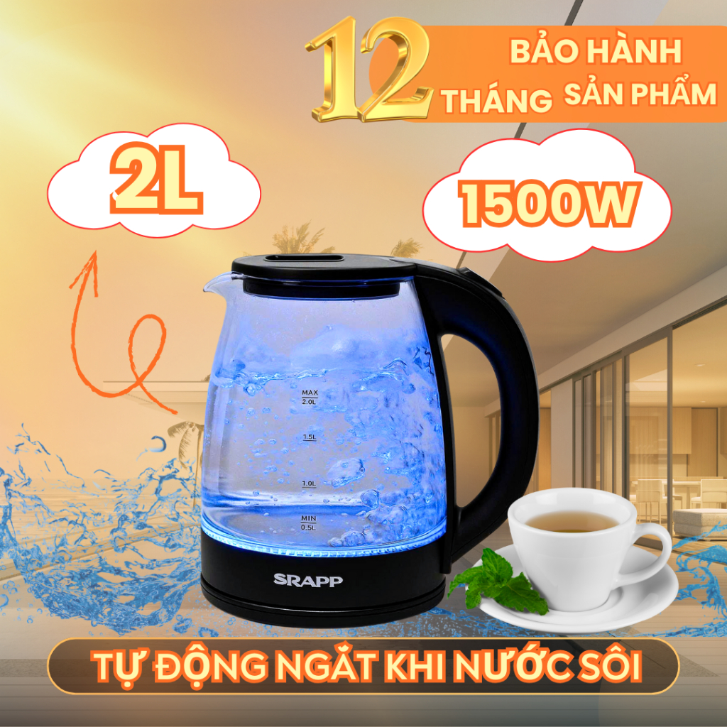 Ấm đun siêu tốc thủy tinh Srapp SH-ST204B 2L, công suất 1500W có đèn LED xanh tự động ngắt khi sôi