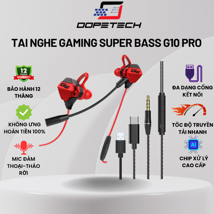 Tai nghe nhét tai DOPETECH Gaming G10 Pro chống ồn dùng máy tính, điện thoại, Có Mic Rời xoay 360