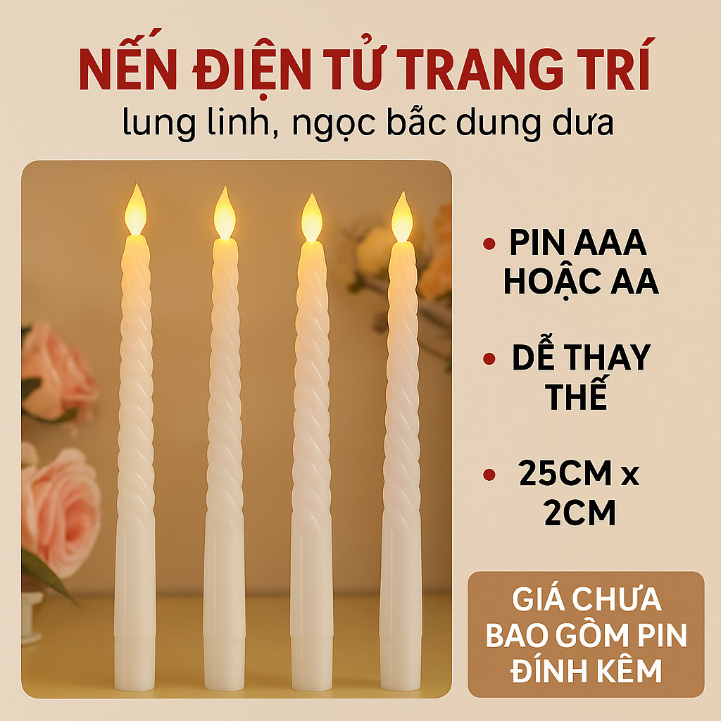 HCM cây Nến điện tử que đơn 25cm, nến điện tử trang trí tiệc cưới, nến cây điện tử, nến xoắn