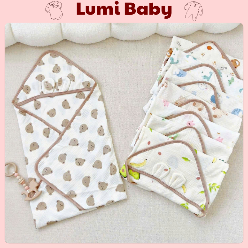 Ủ Choàng, khăn tắm, Chăn ủ Muslin 4 lớp Thoáng mát mền mịn có mũ In họa tiết động vật đáng yêu cho bé sơ sinh 70*70cm