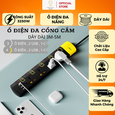 Ổ Cắm Điện Đa Năng Energy Green Lighting  OD-XP24U - 13A Tiêu Chuẩn - Tích hợp Cổng Type C và USB - Dây Dài 3m-5m
