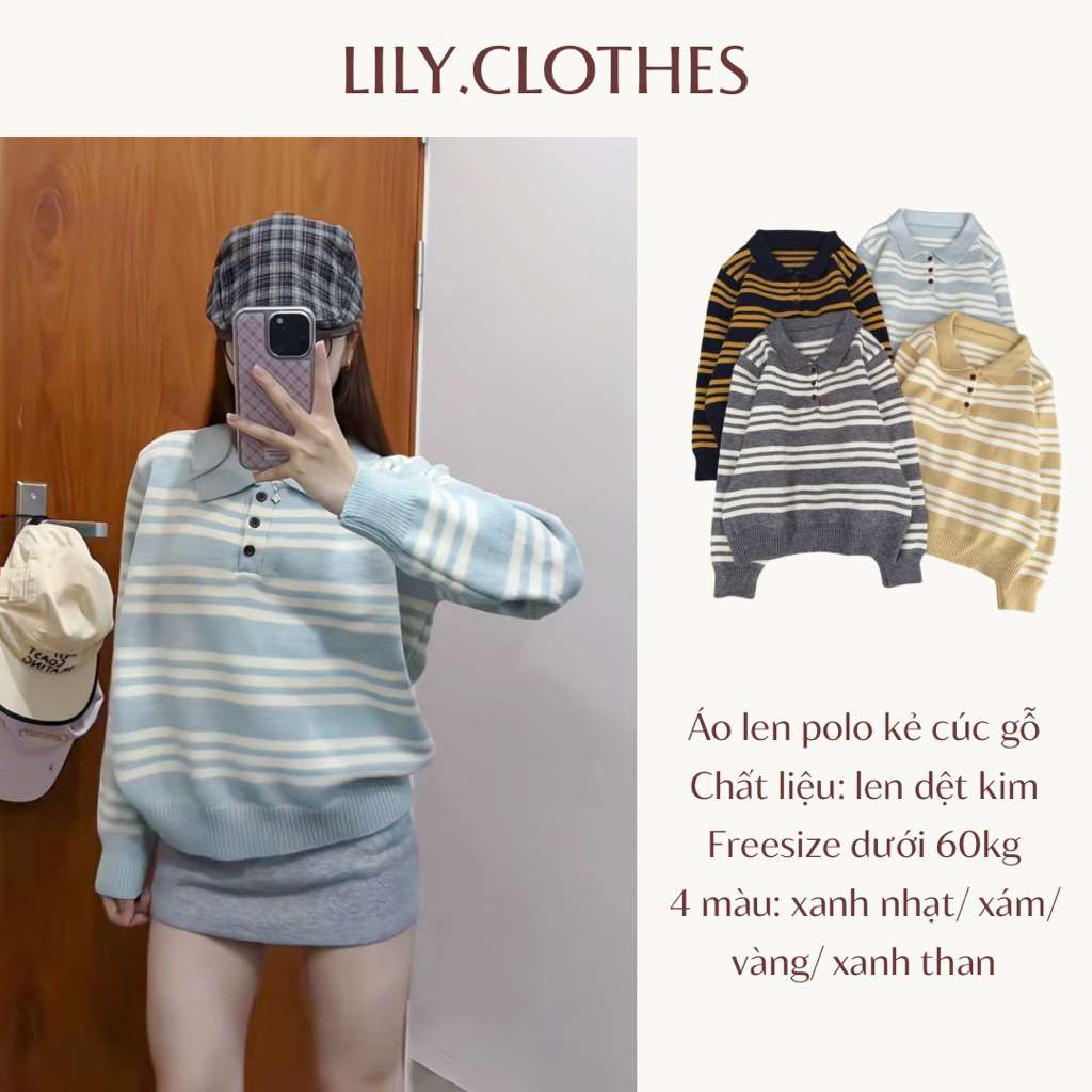 Lily.clothes- (Sẵn) Áo len kẻ polo dài tay dáng suông dày dặn hàng QC (A18)