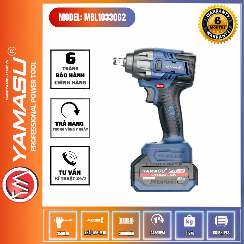 Máy Siết Bulong Yamasu YMS-M330BL 21V Pin Li-ion, Động Cơ Brushless, 350Nm, 1/2 Inch