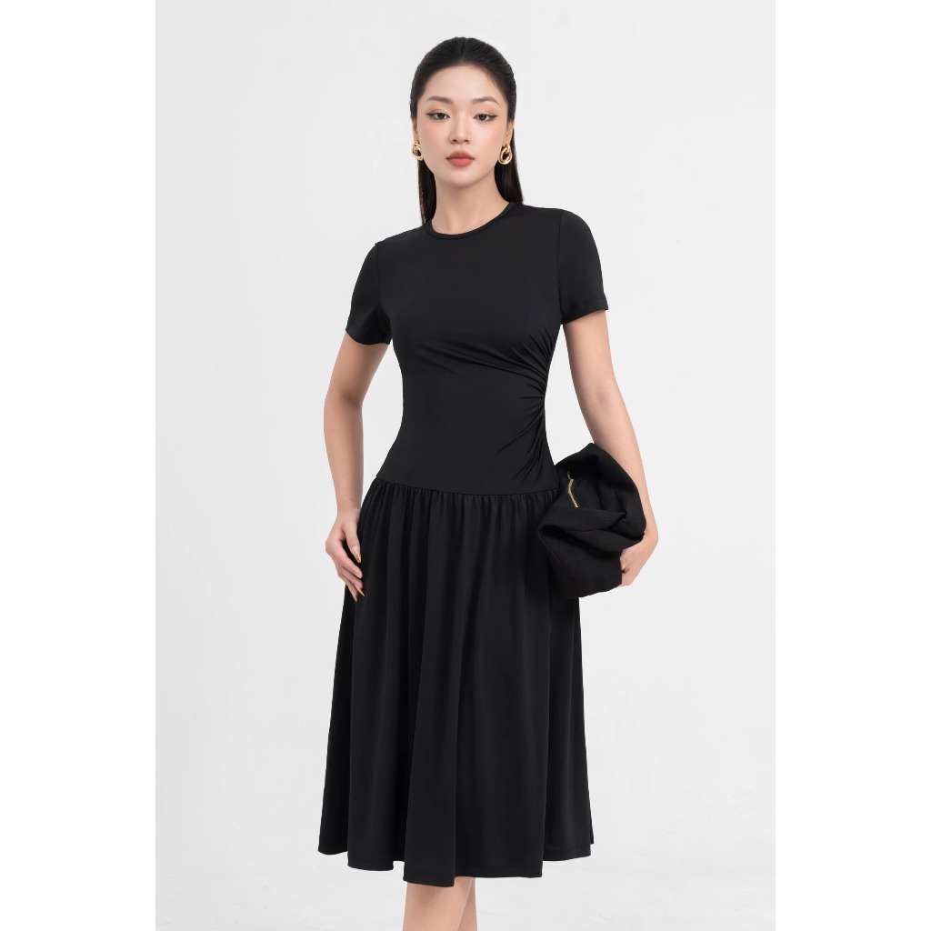 Đầm thun ôm tạo kiểu, Đầm nữ cổ tròn xếp ly hiện đại IVY moda MS 42T0237 | BigBuy360 - bigbuy360.vn