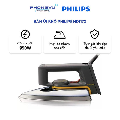 Bàn ủi khô Philips HD1172 - Công Suất 1000W, Đế Chống Dính, Lài Phẳng Nhanh - Bảo hành 24 tháng