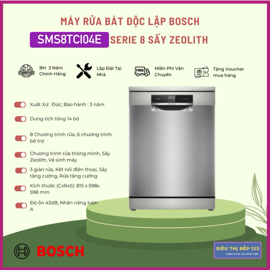 MÁY RỬA BÁT BOSCH SERIE 8 SMS8TCI04E ĐỘC LẬP SẤY ZEOLITH 14 BỘ, CHƯƠNG TRÌNH RỬA THÔNG MINH
