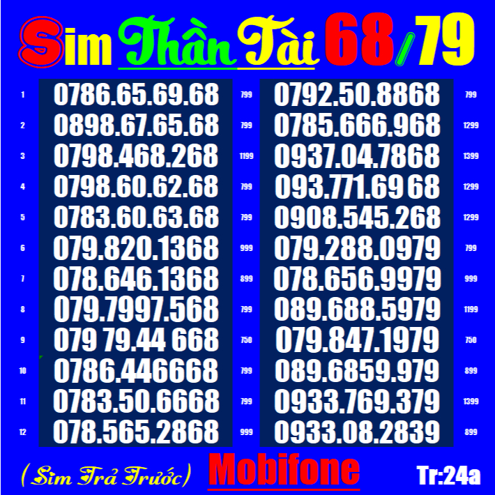 SIM SỐ ĐẸP Tài Lộc, 68.79 Tr24,24ab Sim trả trước, sim chưa đăng kí. Chưa kích hoạt | sim mobifone