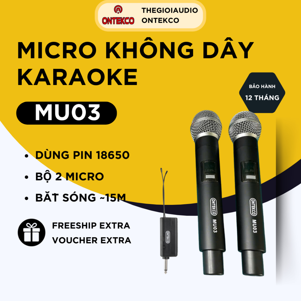 Bộ Micro Không Dây Đa Năng ONTEKCO MU24/ MU03 dùng Pin Sạc, tần số UHF dành cho Mọi Loa Kéo, Âm Ly V