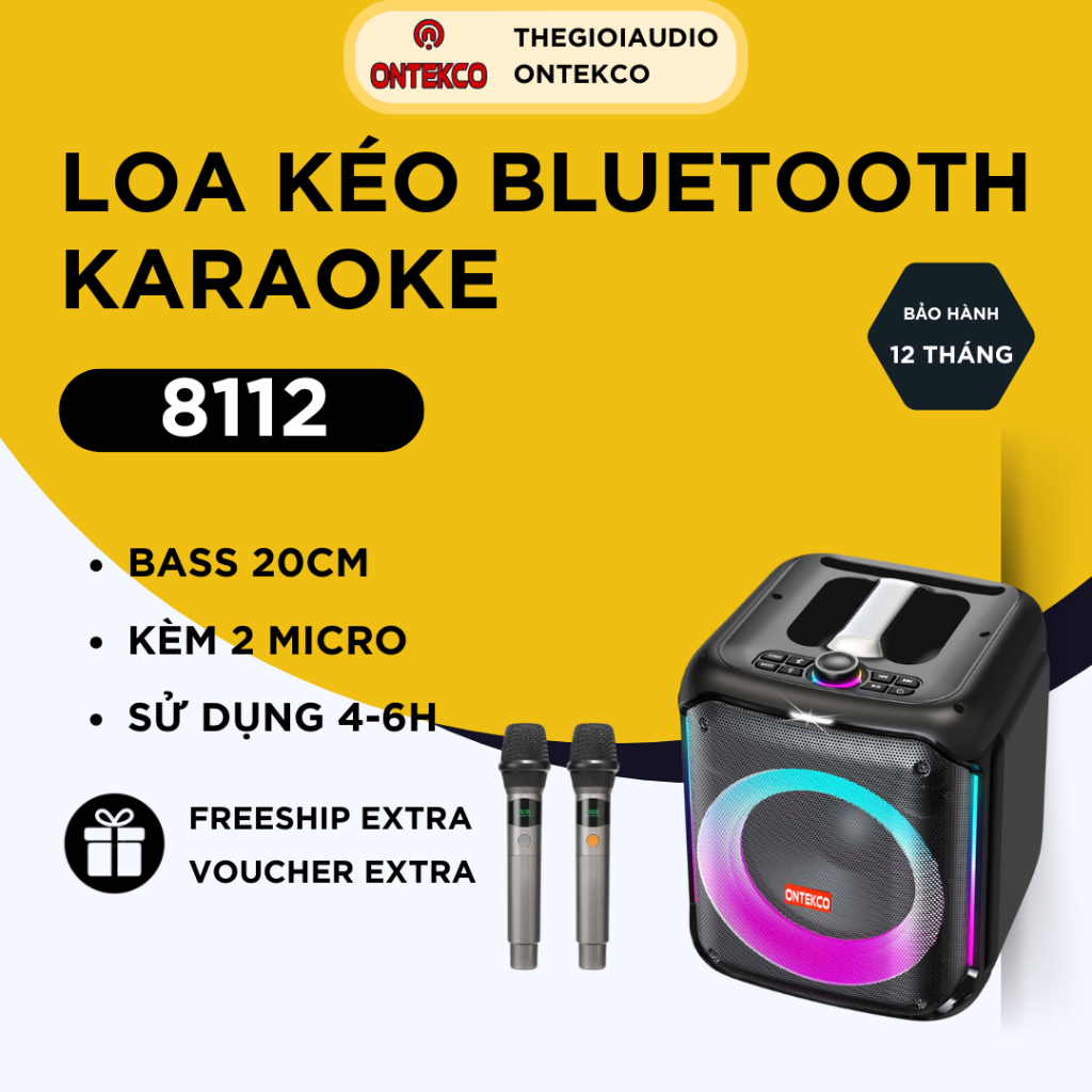 Loa xách tay ONTEKCO 8112 Bass 20 công suất 400W hát karaoke cực hay, Thiết kế nhỏ gọn. Bảo hành 12 