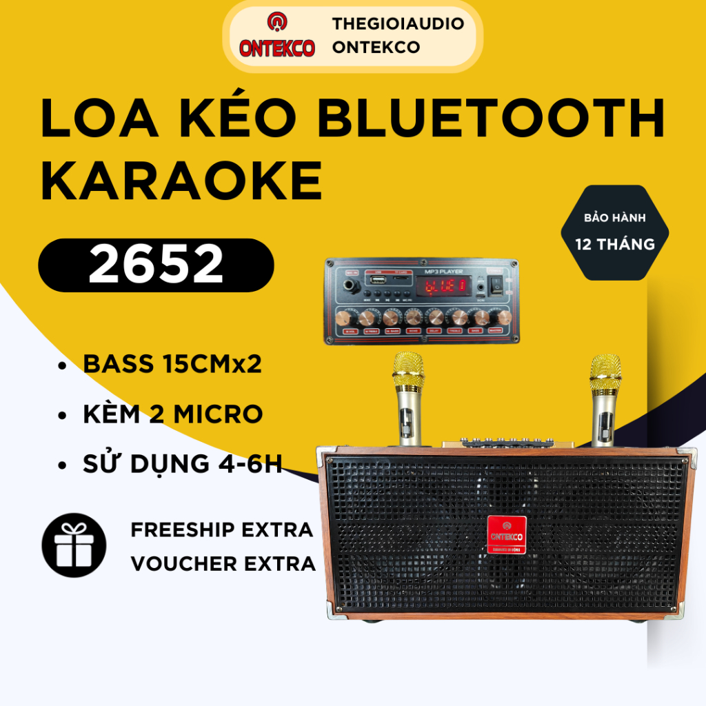 Loa kéo bluetooth ONTEKCO 2652/8112 tặng kèm 2 tay mic hát karaoke cực hay, loa gỗ âm thanh căng chu