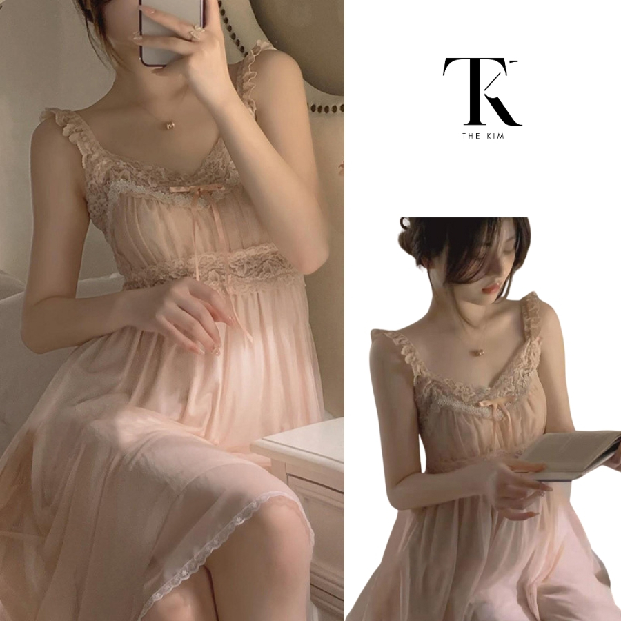 Đầm ngủ váy ngủ nữ hai dây chất liệu voan phối ren ngọt ngào hồng phấn quyến rũ, sang chảnh  - DN070