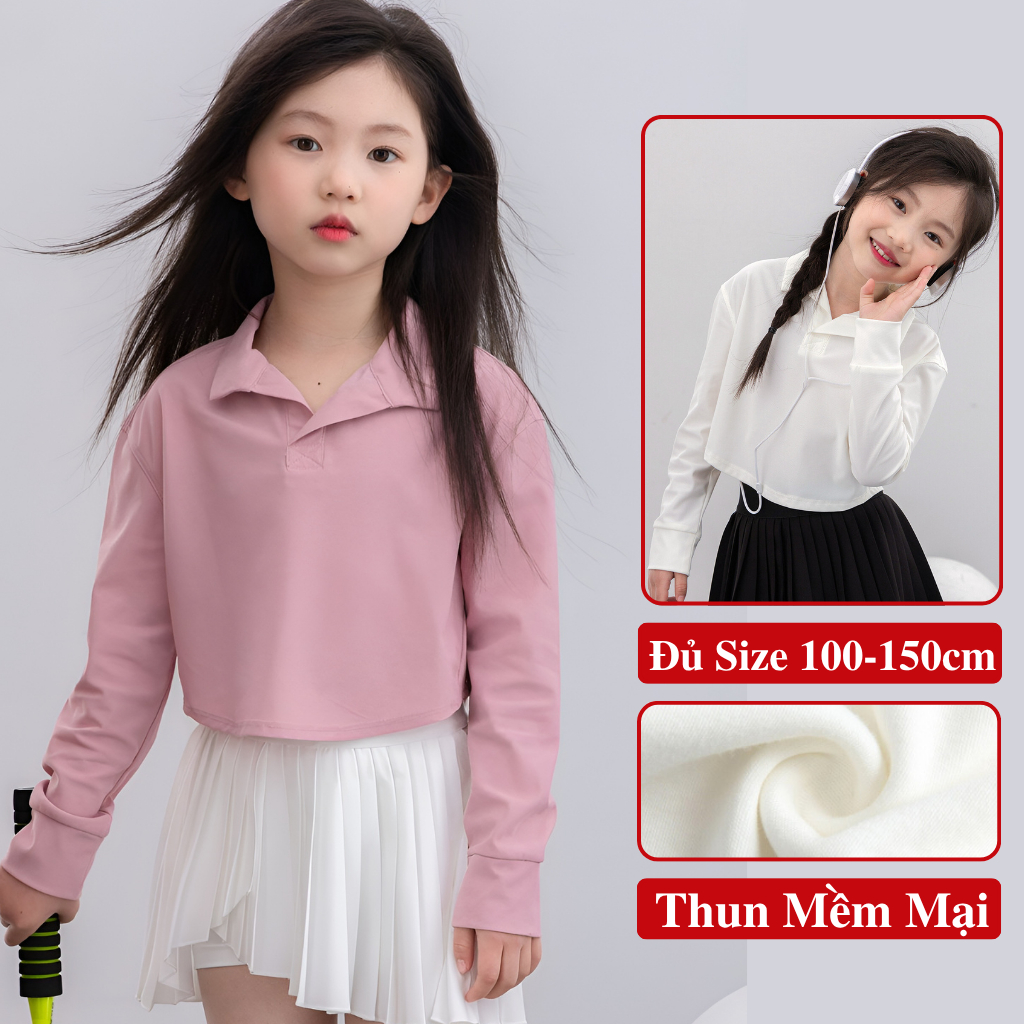 Áo Thun Croptop Polo Dài Tay Xuân Hè Cho Bé Gái Kookoo Vải Cá Sấu Lạnh Cao Cấp. Áo Kiểu Croptop Form