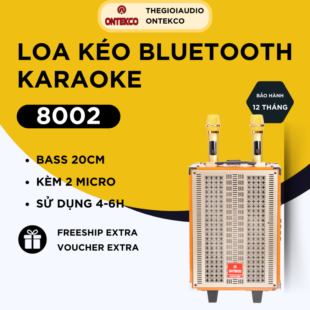 Loa xách tay karaoke Bluetooth, loa kéo gỗ ONTEKCO 8002 kèm micro hát karaoke, bảo hành 12 tháng