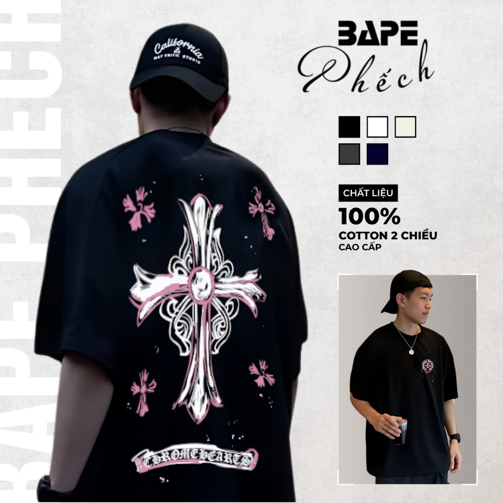 ÁO THUN FORM RỘNG NAM NỮ VẢI COTTON CAO CẤP CHROME HEARTS CROSS PINK | BAPE PHẾCH