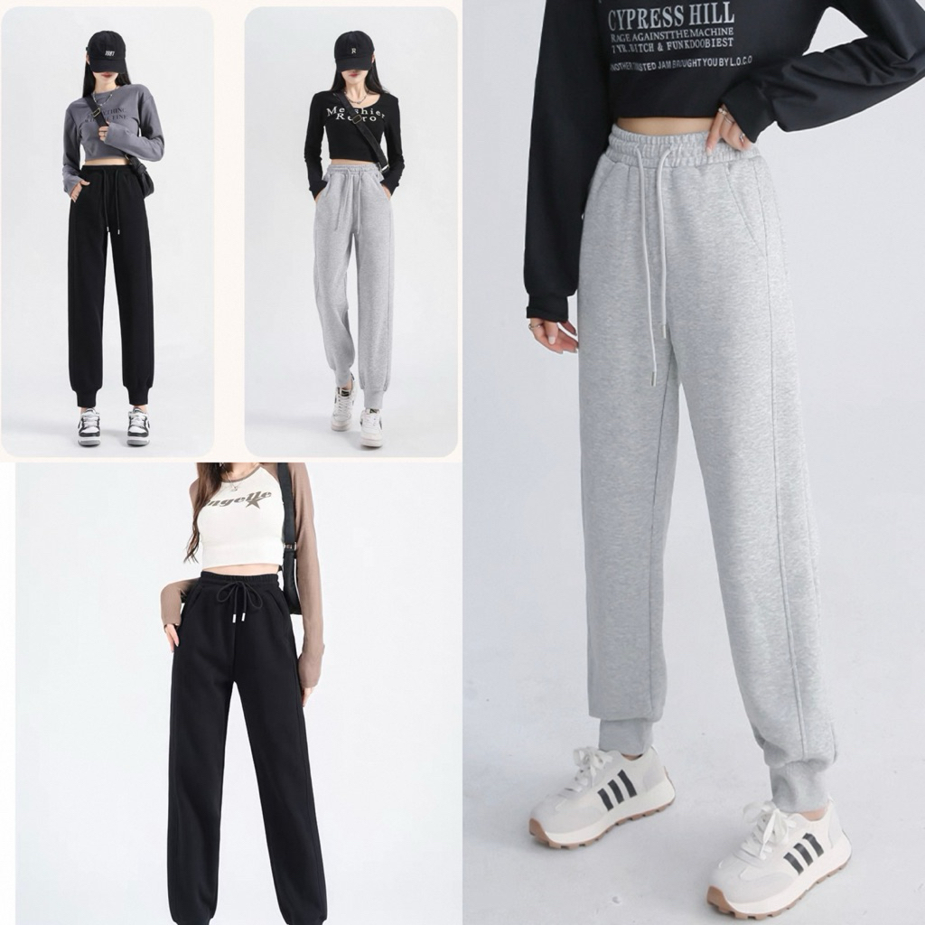 Mẫu Mới Quần nỉ lót lông nữ dáng baggy và bo gấu cạp cao ấm áp