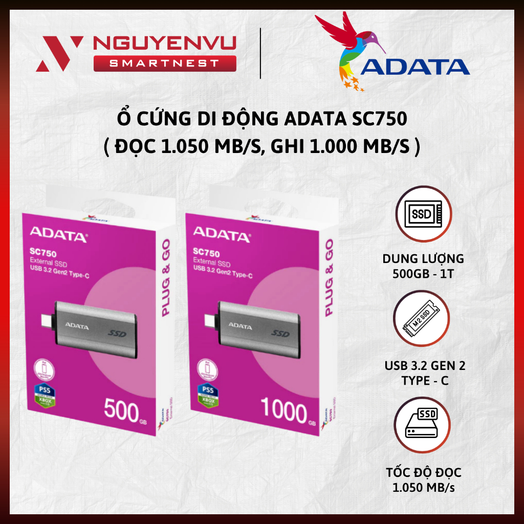 [CHÍNH HÃNG] Ổ cứng di động Adata SC750, Đọc 1.050 MB/s, Ghi 1.000 MB/s | BẢO HÀNH 5 NĂM