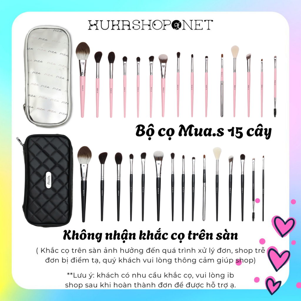 [Bộ cọ Muas 15 cây] Bộ cọ Muas Accessories 15 cây thân đen, hồng và thân gỗ chất lông mền mịn makeup