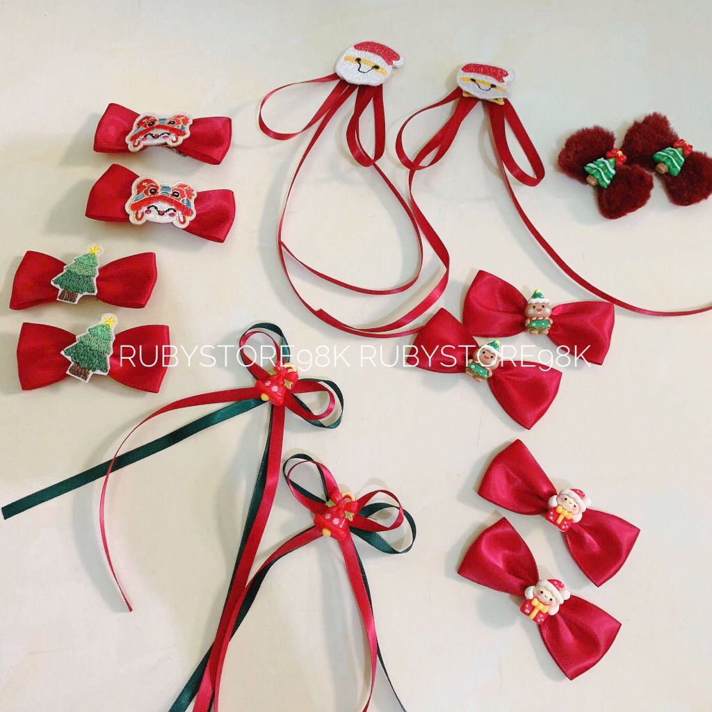 Kẹp tóc Noel, kẹp tóc Giáng sinh, kẹp tóc màu đỏ, kẹp tóc kẻ đỏ cho bé