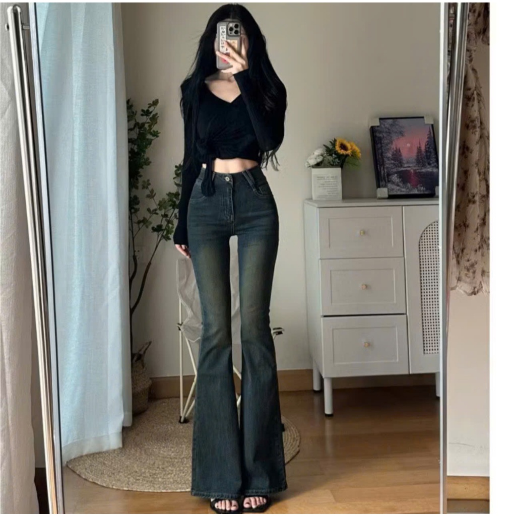 Quần jean ống loe quần bò ống loe màu rêu bụi chất liệu jeans co giãn giữ nguyên form tôn dáng