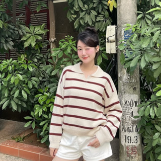  Áo len nữ Hàn Quốc cổ V dài tay chất len lông thỏ kẻ ngang mềm mịn co giãn dễ thương Seoluna 