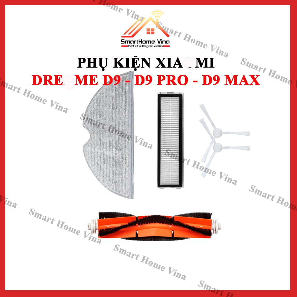 Phụ kiện robot hút bụi D9, D9 Pro, D9 Max. Khăn lau, chổi cạnh, chổi giữa, lọc bụi.