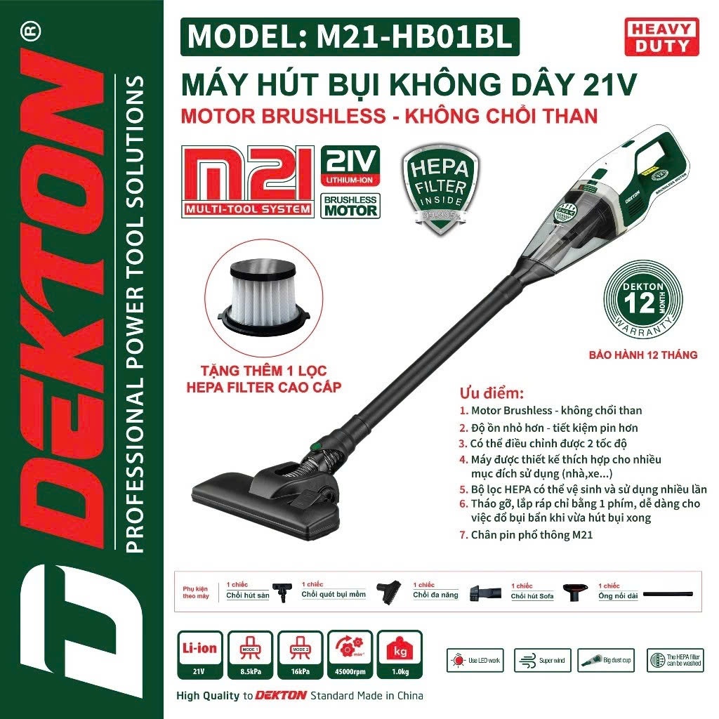 Máy hút bụi pin Dekton motor không chổi than M21 - HB01BL