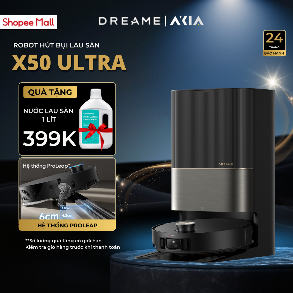 Dreame X50 Ultra - Robot hút bụi lau nhà, Kích thước 350x350x89.5mm, Dung lượng 0.3L/3.2L