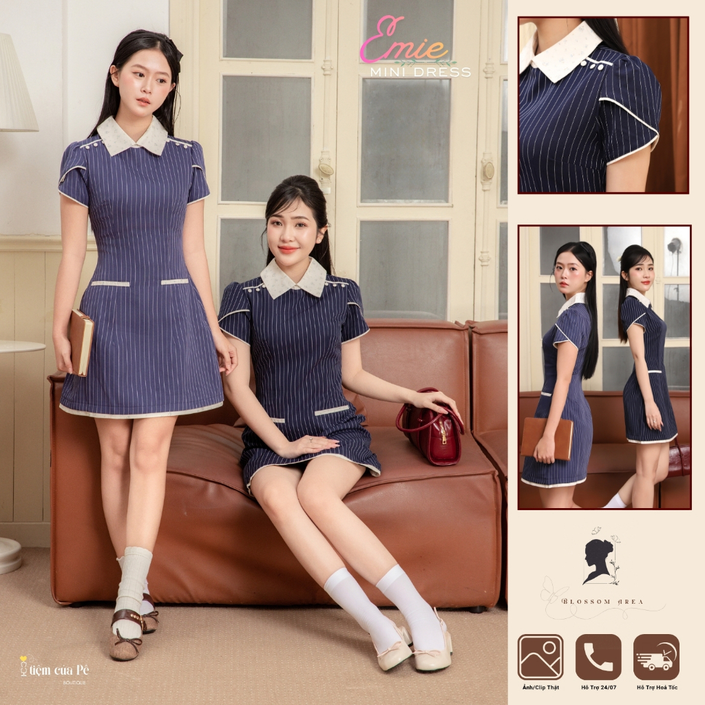 Emie look - Váy chữ A cổ sơ mi hoa nhí, viền cotton, chất sọc kẻ dày dặn, đứng form.