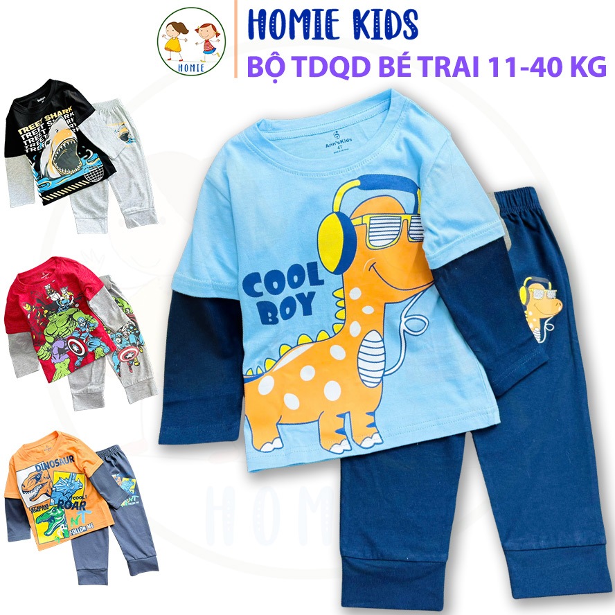 Set bộ đồ dài bé trai 11-40 kg quần áo trẻ em vải cotton in hình khủng long gấu cá mập siêu nhân cap
