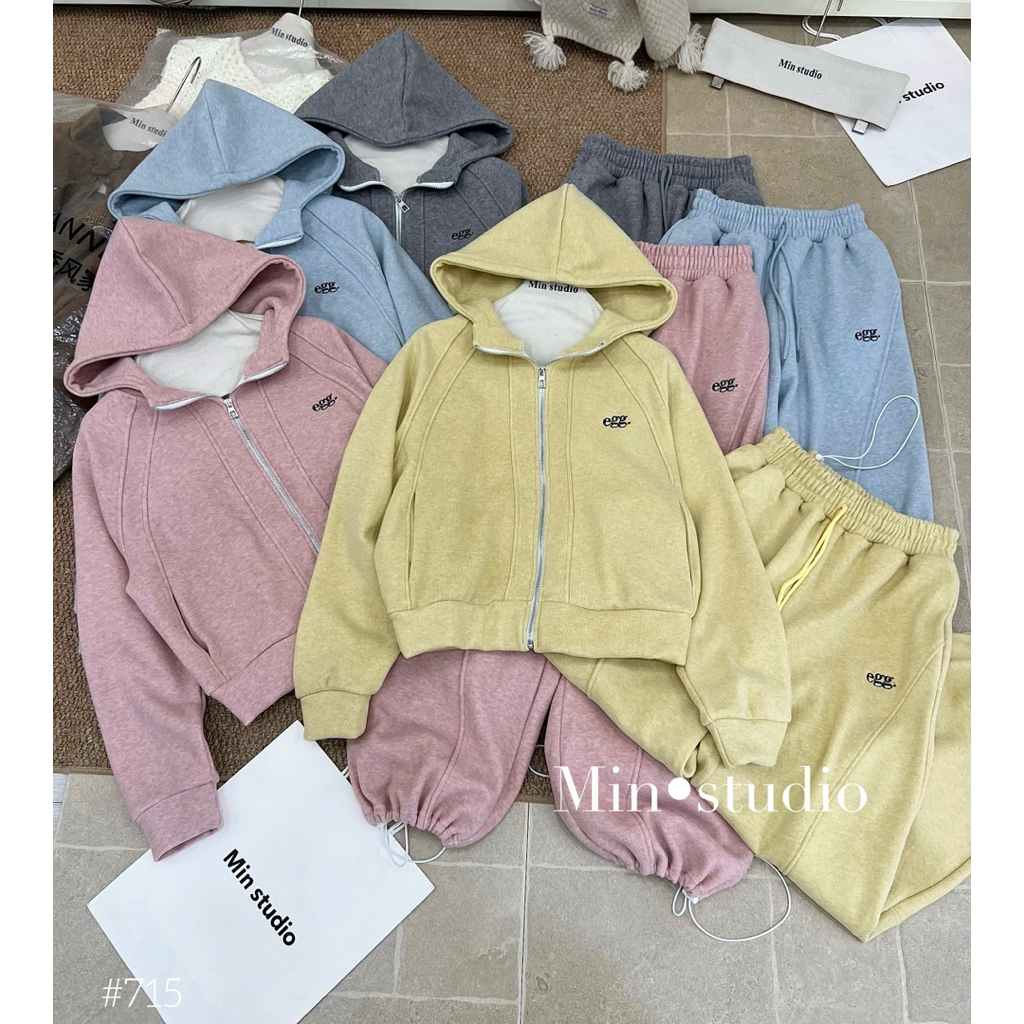 Set Áo Khoác Nỉ Len Thêu Chữ Egg Kèm Quần MIN • Melanie Studio