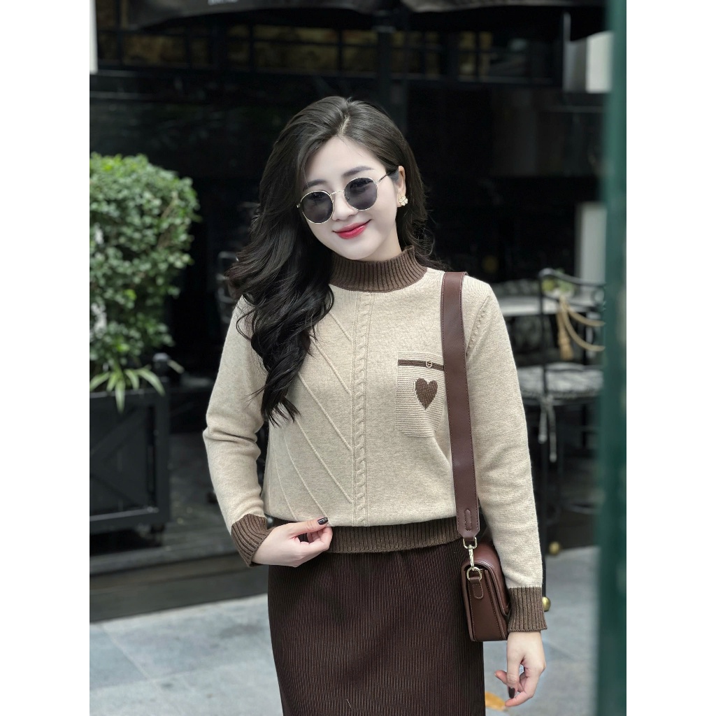 Áo len nữ Linhsanshop mã  2806 họa tiết tim cúc túi, phối viền cổ viền gấu áo, chất len mềm mịn