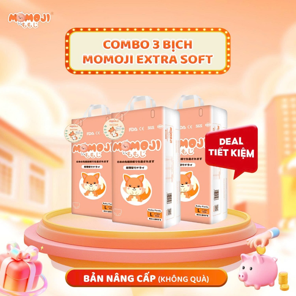 [Không Quà] Combo 3 Tã Bỉm Momoji Siêu thấm hút phiên bản Extra Soft mới NB64/S60/M56/L54/XL50/XXL48