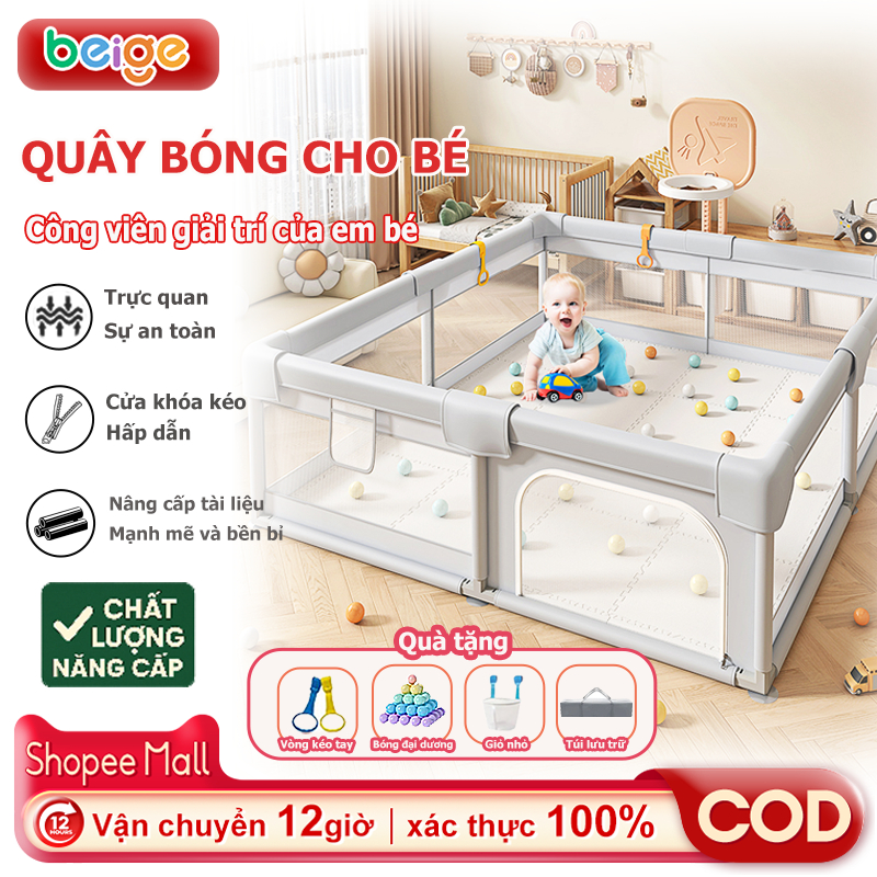 Quây Bóng Cho Bé Beige, Quây Vải Nhà Bóng Cho Bé, Khung Inox Dày,  Tháo Lắp Dễ Dàng Nhanh Chóng