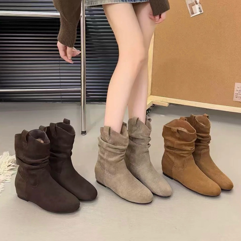 Boots nhăn da lộn cổ ngắn cho nữ đế bệt giấu đế cao 4cm