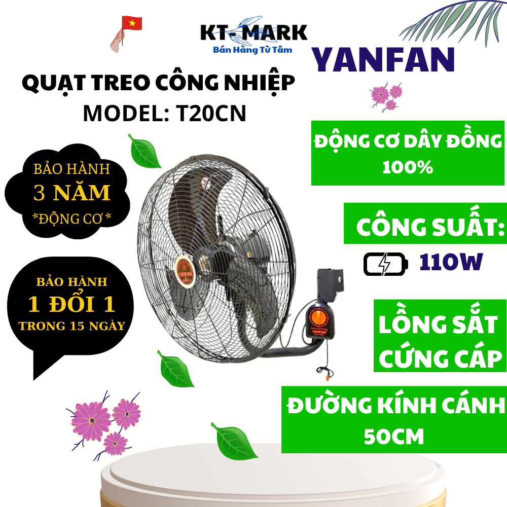 Quạt Công Nghiệp YANFAN Treo Tường T20CN - Công Suất 110W - 3 Tốc Độ Gió - Sải Cánh 50cm - Động Cơ Motor Dây Đồng 100%