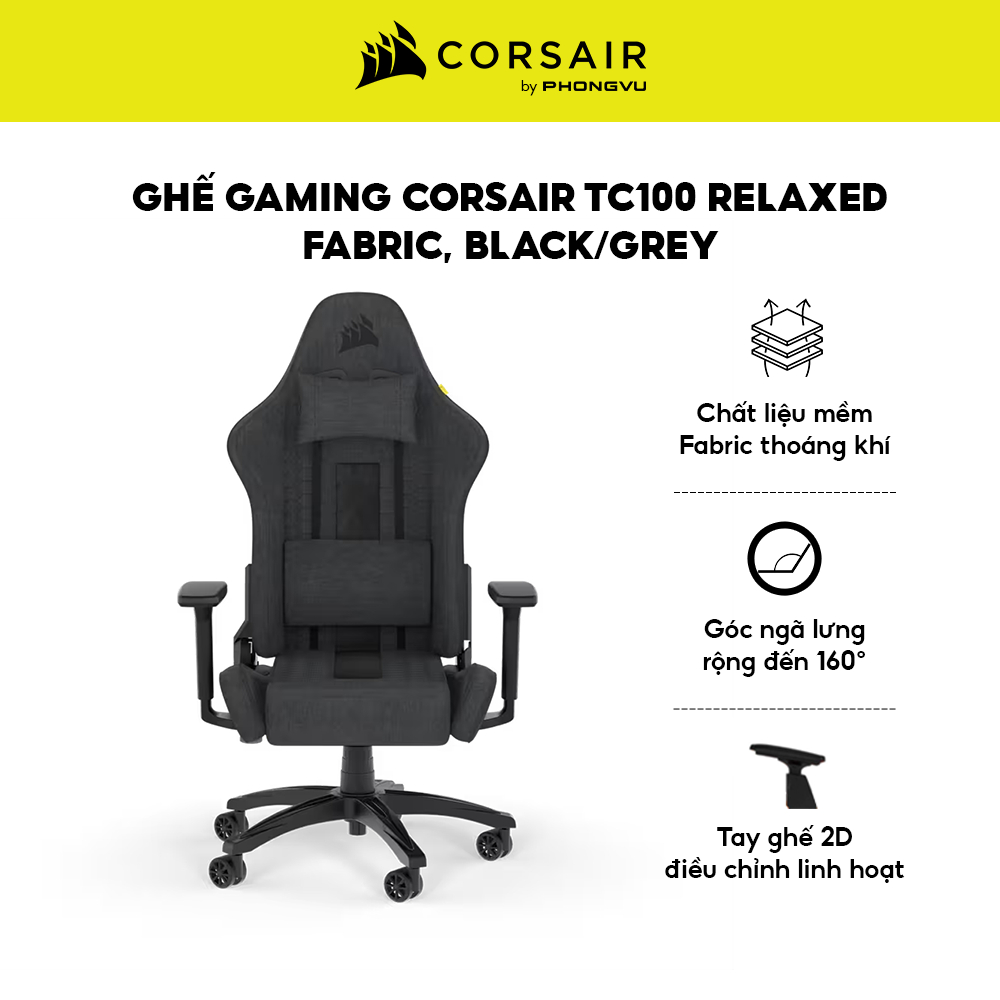 Ghế Gaming Corsair TC100 RELAXED - Thiết Kế Công Thái Học, Vải Thoáng Khí/Da PU - Bảo Hành 24 Tháng