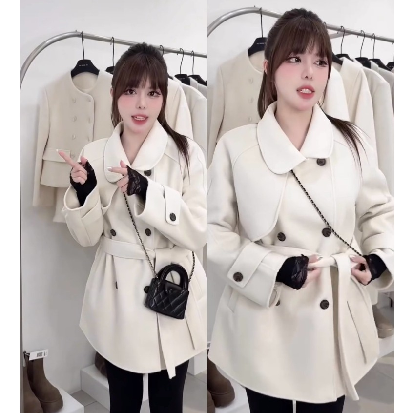 LIN - ÁO KHOÁC DẠ DÀI TRẮNG KEM MPB TỰ MAY CỔ SEN KÈM ĐAI EO THU ĐÔNG