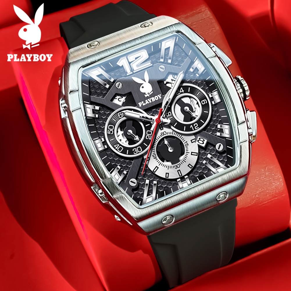 PLAYBOY Đồng hồ Nam thạch anh dây đeo đồng hồ silicon chống nước Độ chính xác lịch Đa chức năng 3075