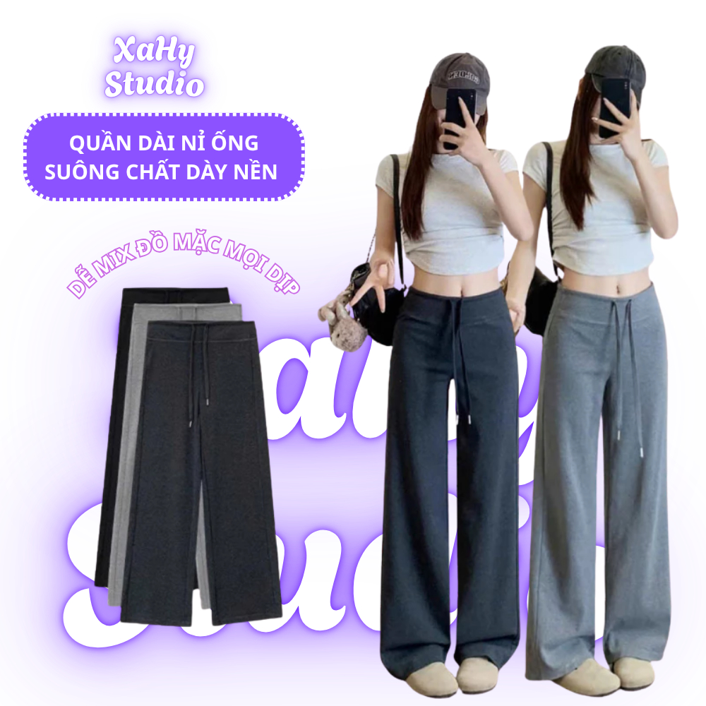 Quần nỉ dài ống rộng nữ hack dáng chất đẹp mướt mát tay may kỹ mặc ở nhà đi học đi chơi đi làm HT01