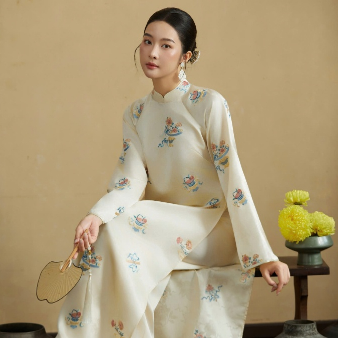 Áo Dài Bạch Ngọc - EDINI - A1698 - Kem