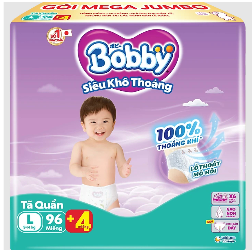 Tã/bỉm quần Bobby gói Mega Jumbo L96+8 MIẾNG