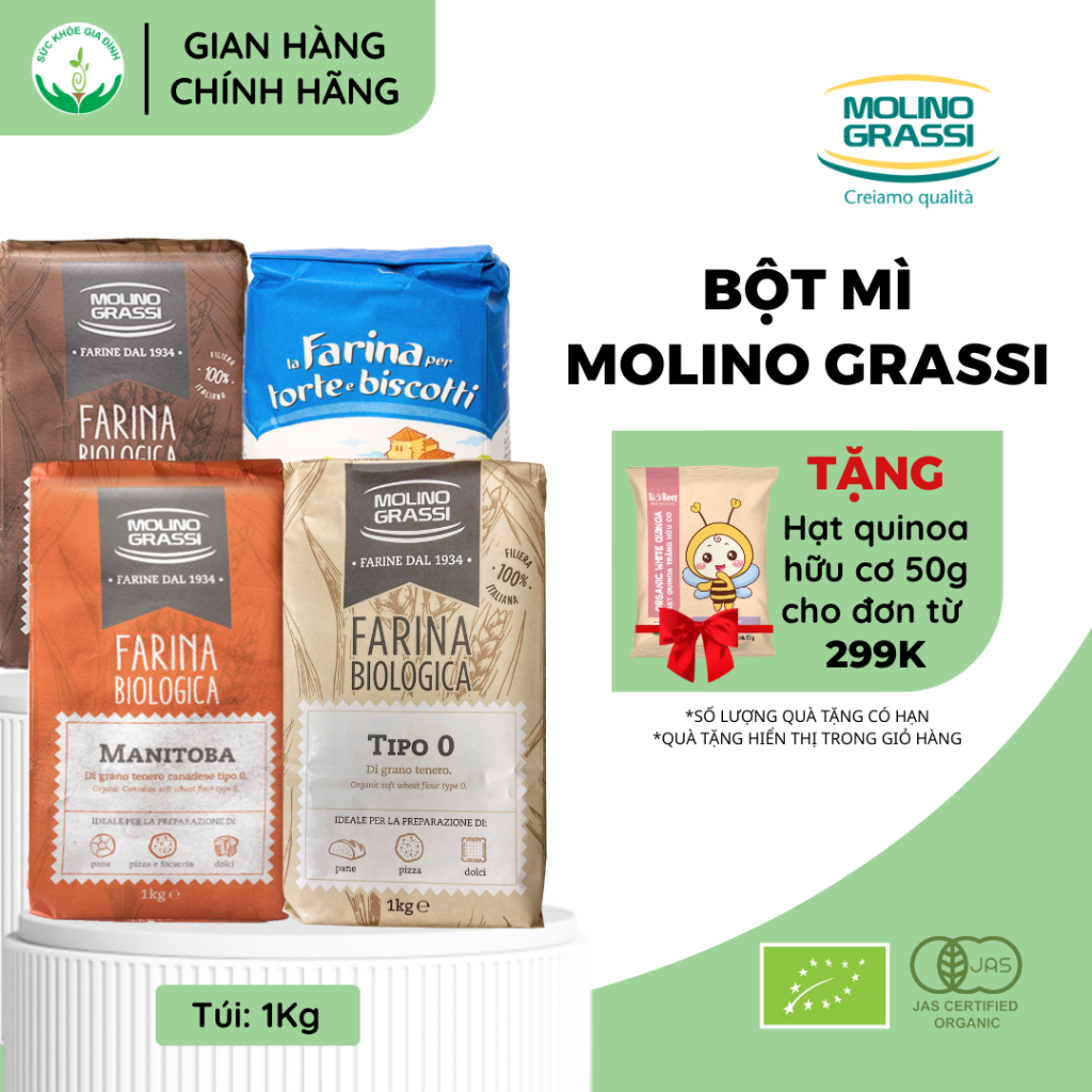 Bột Mì Hữu Cơ Molino Grassi 1kg - Bột Số 13 Manitoba Hữu Cơ, Nguyên Cám,  Đa Dụng, Bột Cake Số 8