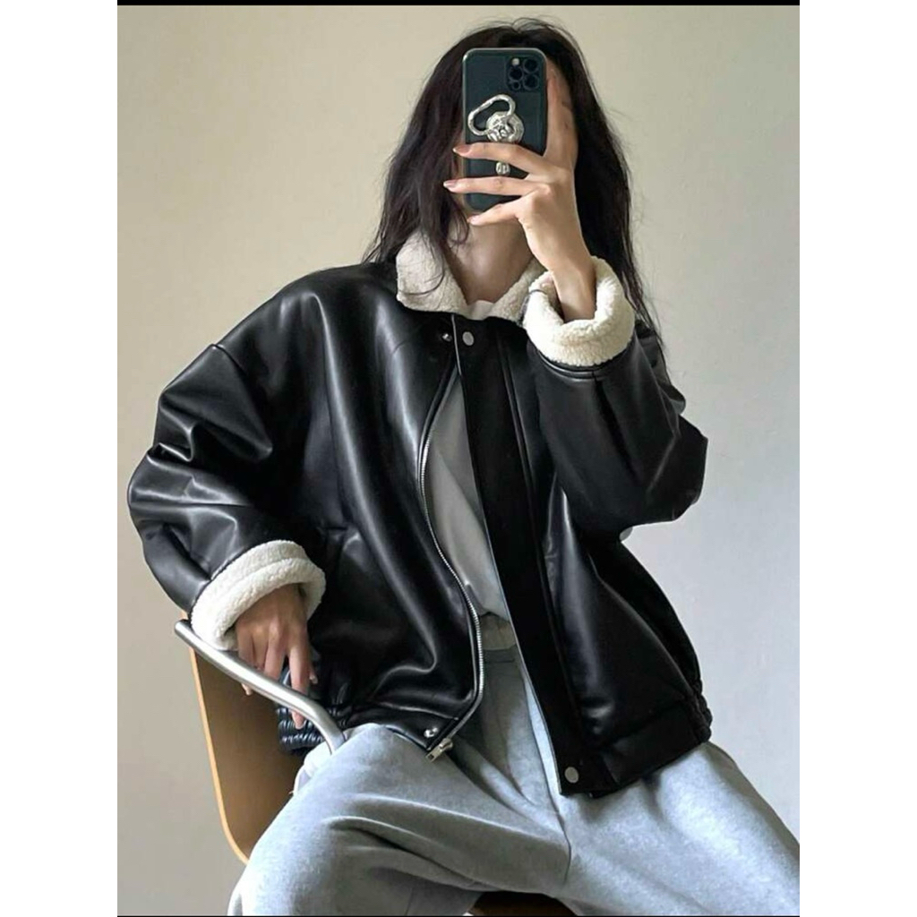 áo khoác da nữ lót lông ấm áp áo khoác da style Hàn quốc Áo khoác da lót lông - Faux shearling aviat