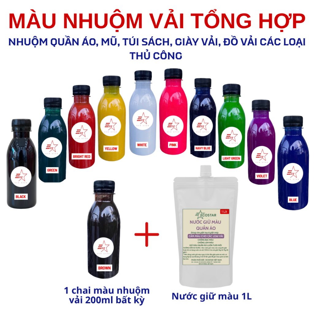 Nước giữ màu quần áo 1L tặng 1 chai màu nhuộm vải Ecostar 200ml, Chất cầm màu quần áo không phai