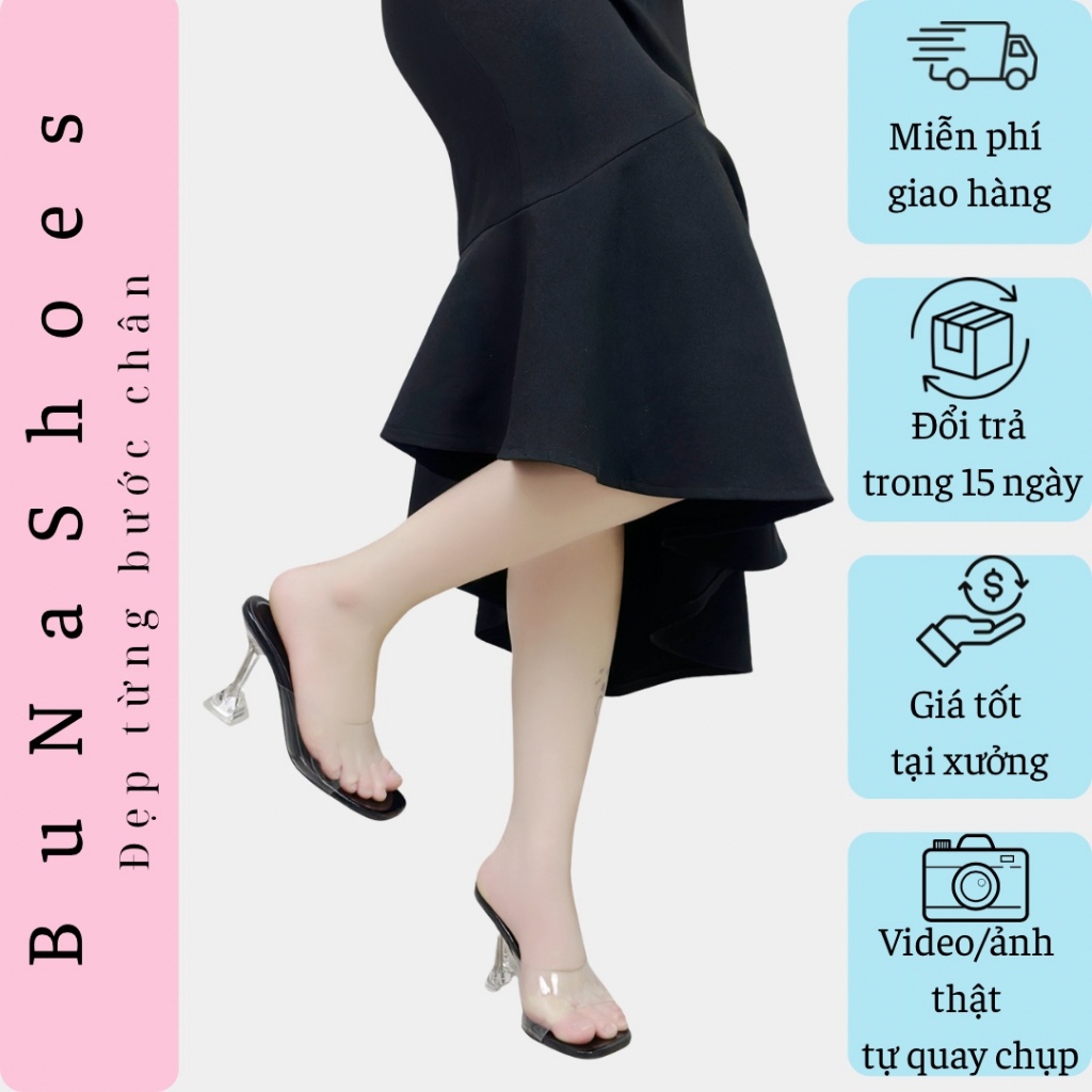 Guốc Cao Gót Nữ Mũi Vuông Quai Trong Gót Ly (7-9 Phân) Mũi Vuông Quai Mica - Gót Ly Mũi Vuông