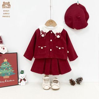  Bộ cho bé -Bộ nhung ĐỎ cổ BE phối 2 nơ chân váy tennis và Set váy nhung ĐỎ chân váy tennis của COCANDY B3521 